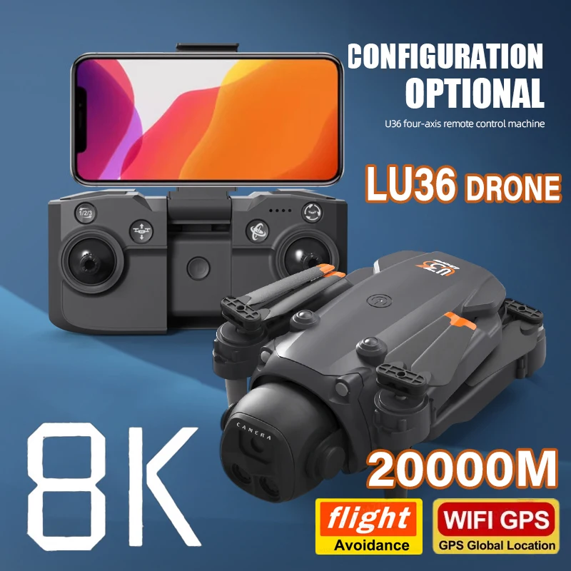 Drone LU36 8K HD avec GPS et WiFi 5G en vol au-dessus d'un paysage montagneux