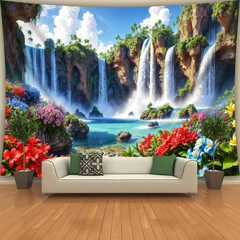 Tapisserie cascade et fleurs, tapisserie de chevet de salon de paysages tropicaux, décoration d'ambiance en tissu de fond 1
