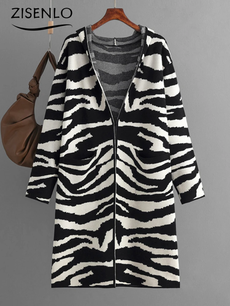 

Vintage Women's Sweater Autumn New Knitted Jacket V-neck with Hood Long-sleeved Zebra Print Long Sweater Cardigan Streetwear