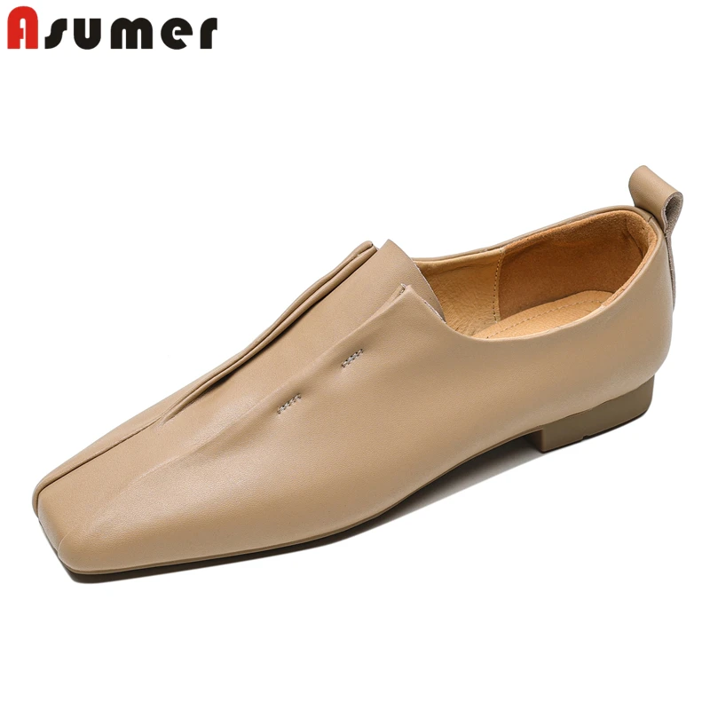 

ASUMER 2024 New Size 34-43 Women Flats Slip On Genuine Leather Loafers Flat Shoes Square Toe Solid Color Ladies Dress Shoes