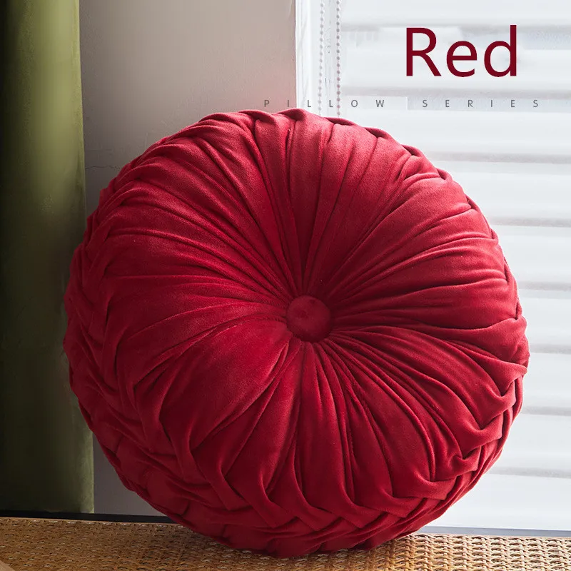 Velvet Pleated Round Throw Pillow - Boho Green Pumpkin Accent Cushion