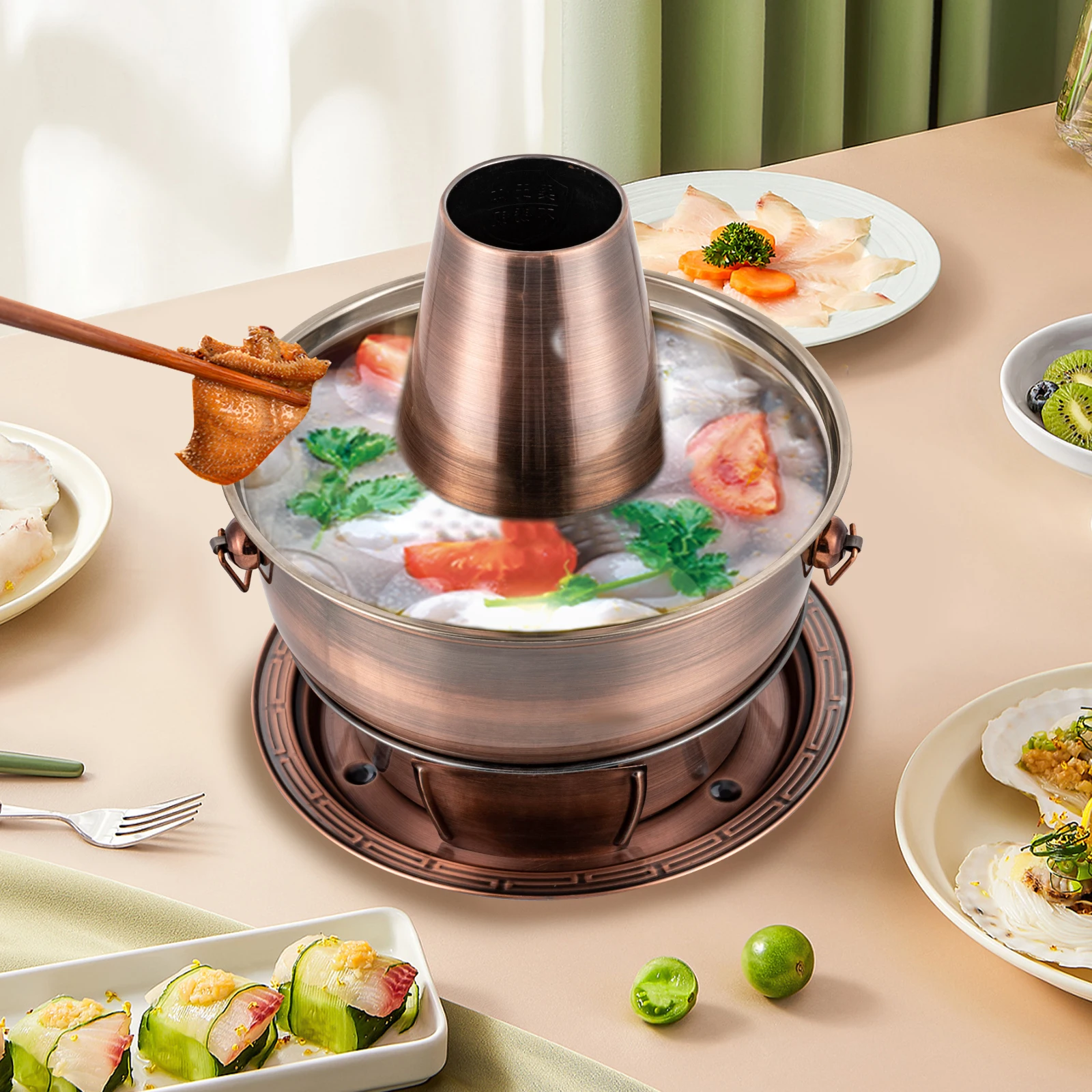 Carbon Copper Stainless Steel Hot Pot Chinese Charcoal hotpot, Meats Fondue Outdoor Picnic CookerChinese Copper Hot Pot