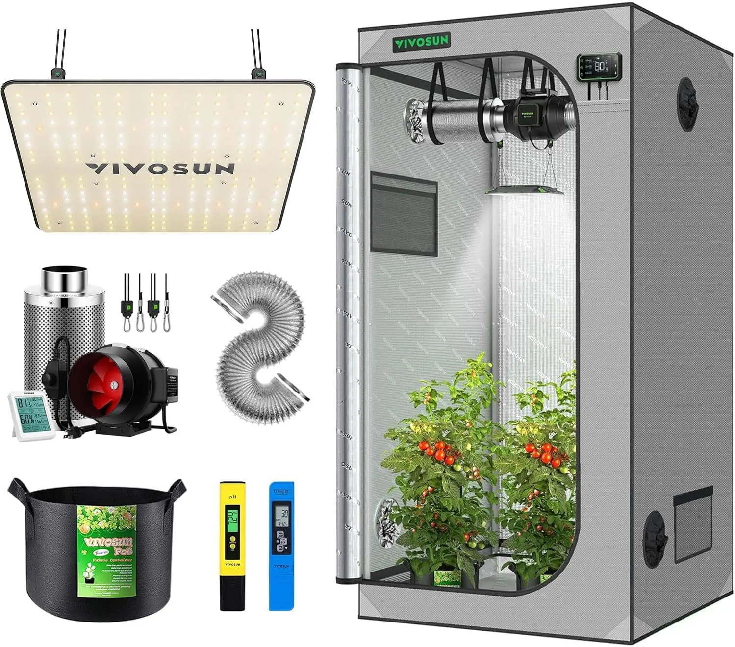 36"x36"x72" Grow Tent 3x3 FT Advanced Tent VS1000 LED Grow Light 6 Inch 390 CFM Ventilation Kit 5 Gallon Bags