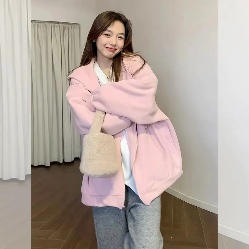 2023 새로운 느슨한 fitzip-up 후드 핑크 카디건 스웨트 자켓 여성 봄 가을..