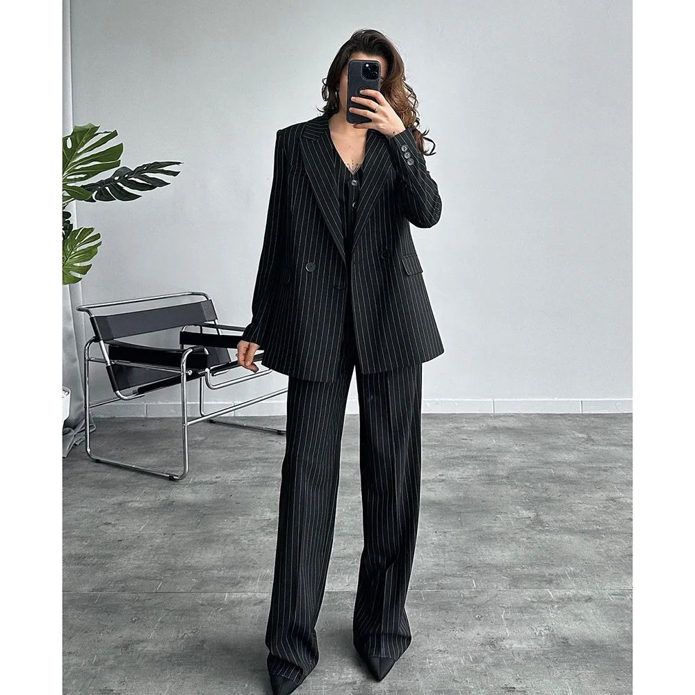 

Black Double Breasted Pinstripe Women Suits Elegant Peak Lapel Blazer Luxury Business Office Lady 3 Piece Jacket Pants Vest Set