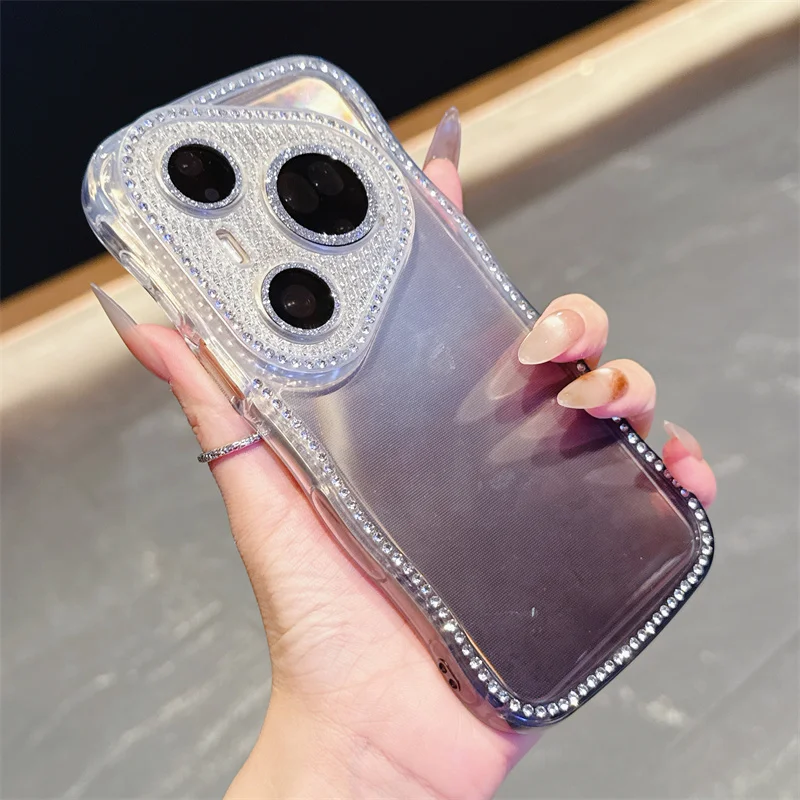 Transparent Flash Diamond Gradient Phone Case with Wavy Frame Design - Soft TPU Back Cover