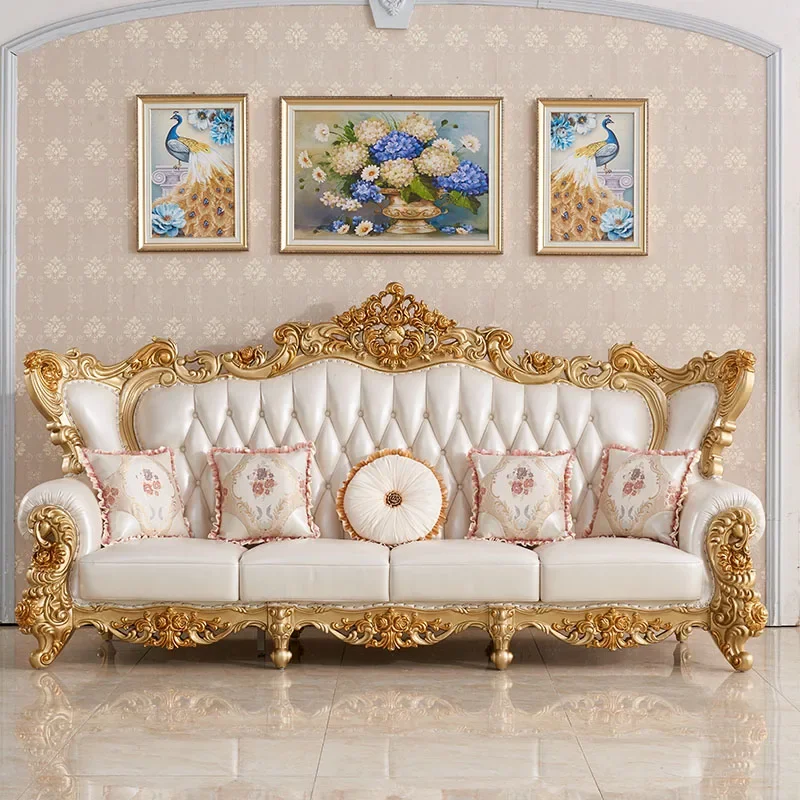 

Custom European leather sofa 1234 combination villa living room carved cowhide American high-end size apartment white furniture