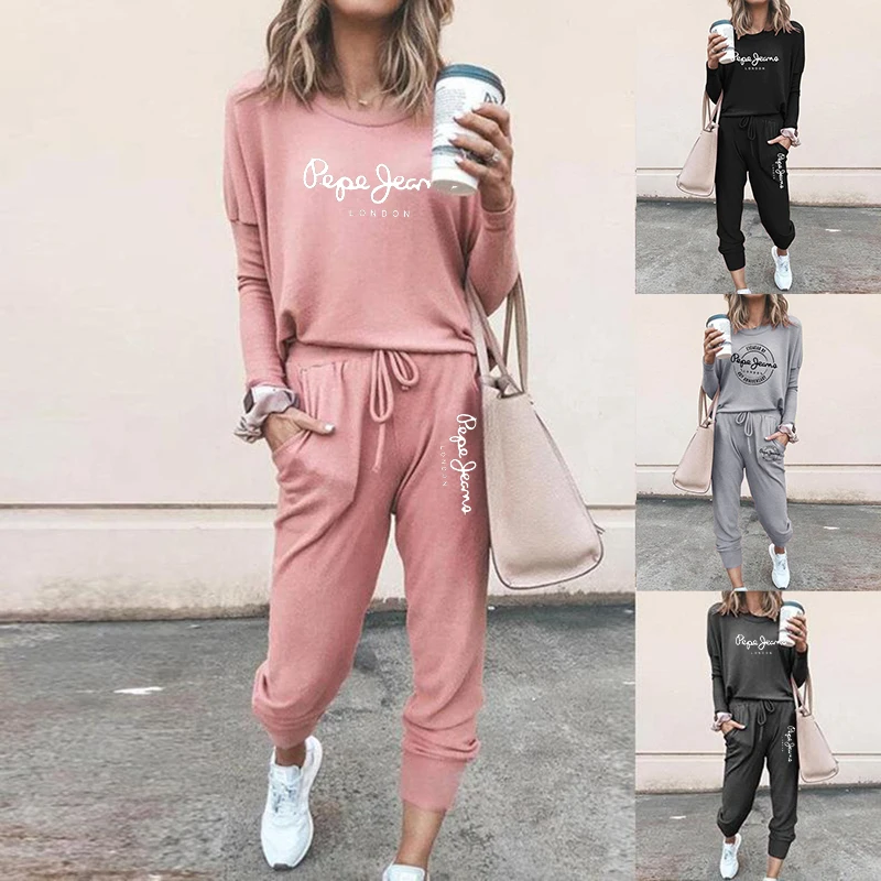 

2024 Women Slim Fit Tracksuit New Brand Print Shrink Sleeves Sweatshirts + Pants 2 Pieces Set Famale Fashion Pullover Home Wear