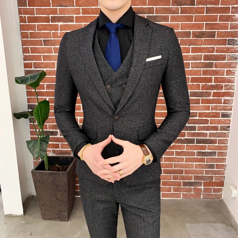 Men Slim Fashion Banquet Groom Single Button Suit Vest Trousers Business Handsome Leisure Three-piece Set