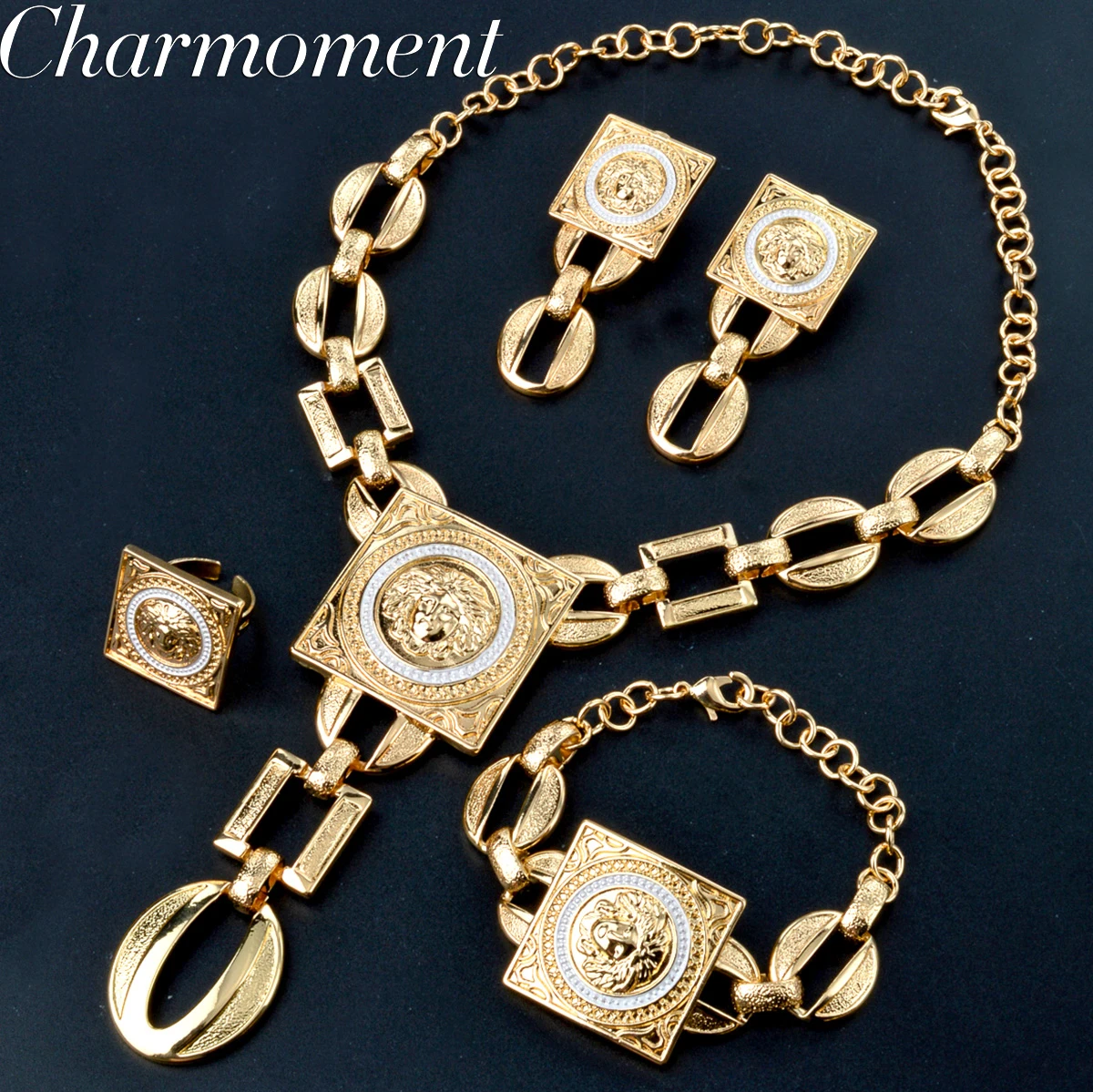 

Dubai Luxury Jewelry Set for Women Fashion Gold Color Wedding Gift Necklace Bangles Earrings Adjustable Ring Jewelry Accessories