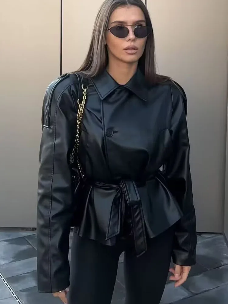 2025 Autumn Fashion Imitation Leather Effect Jacket Coat Long Sleeve With Belt Jackets For Women Streetwear Casual New Outerwear