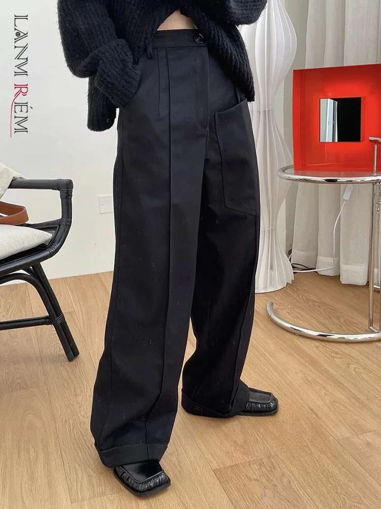 

[LANMREM] Fashion Pleated Pocket Design Pants For Women High Waist Wide Leg Trousers Thick Warm Clothing 2024 Spring New 26D6992