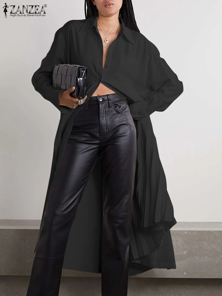 

ZANZEA Women Midi Dress 2023 Autumn Casual Long Shirt Dresses Long Sleeve Pleated Fashion Lapel Neck Robe Office Button Vestidos