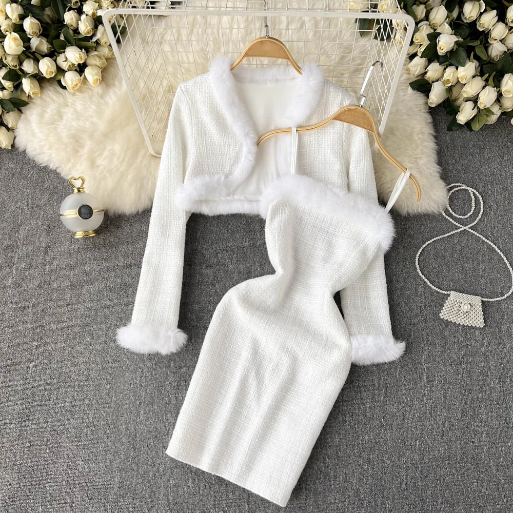 

Spaghetti Strap Dress 2 Pcs Sets Korean Fashionable Solid Color Cardigan Short Tops + Sleeveless Tweed Mini Dresses Set