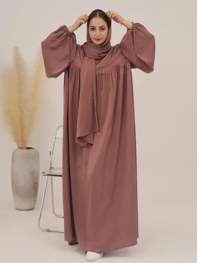 

Plain Abaya Dress with Hijab Shiny Velvet Satin Muslim Dresses for Women Abayas Dubai Turkey Islamic African Outfit Kaftan Robe