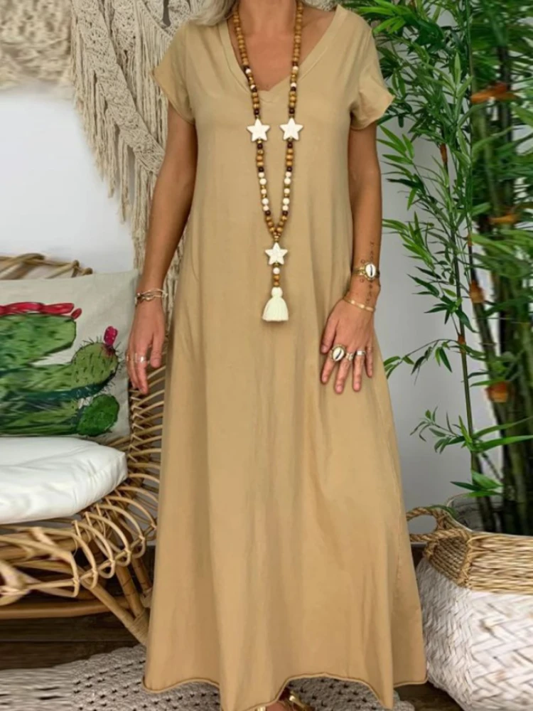 

Платье женское однотонное с V-образным вырезом и рукавами-фонариками