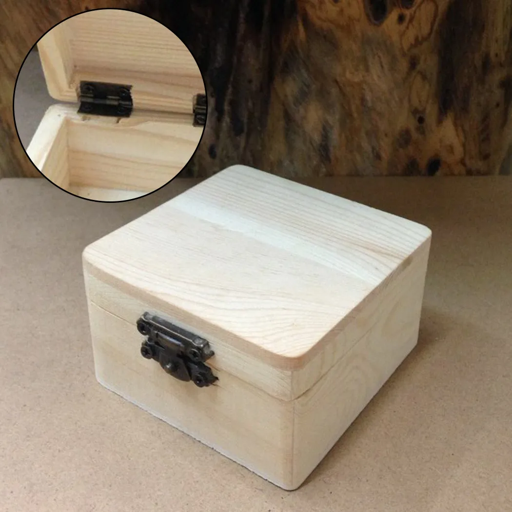 Plain Natural Wooden Packing Box  Square Hinged Storage Box Jewelry Craft Gift Box Trinkets Case Jewlery Organizer With Lock