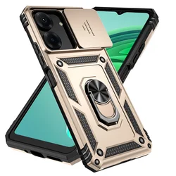 Enhanced Slide Camera Protect Armor Phone Case with Magnet Ring Cover for Poco C65 4G (Gold)