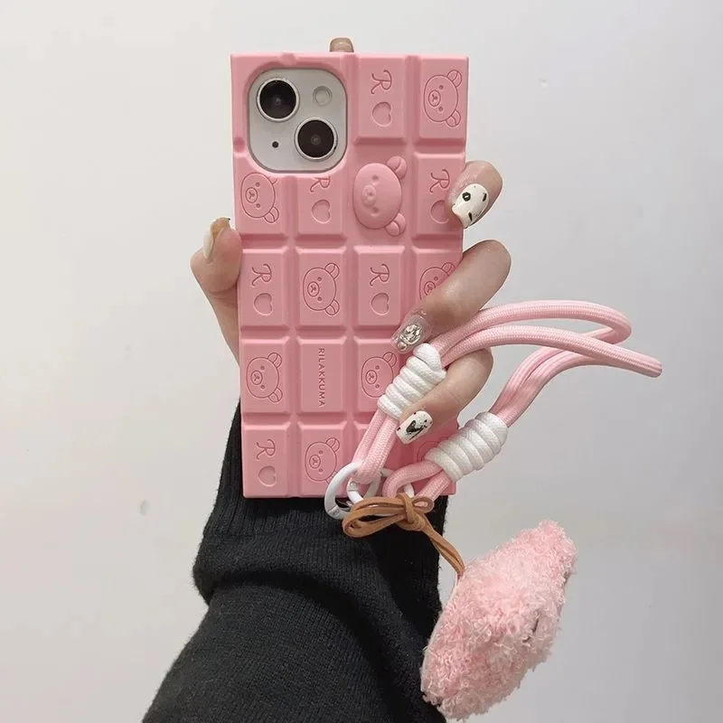 3D Chocolate Rilakkuma Phone Case For iphone 17 16 Pro Max 15 14 Plus 13 12 11 Pro Max Soft Cover with Cute Bear wrist strap 3