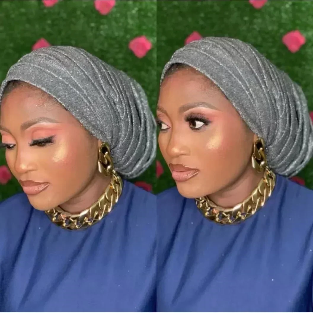 2025 Glitter Full Body Pleated Turban Cap for Auto Geles Women Head Wraps Muslim Hijab Headscarf Hat Turbante African Headpiece