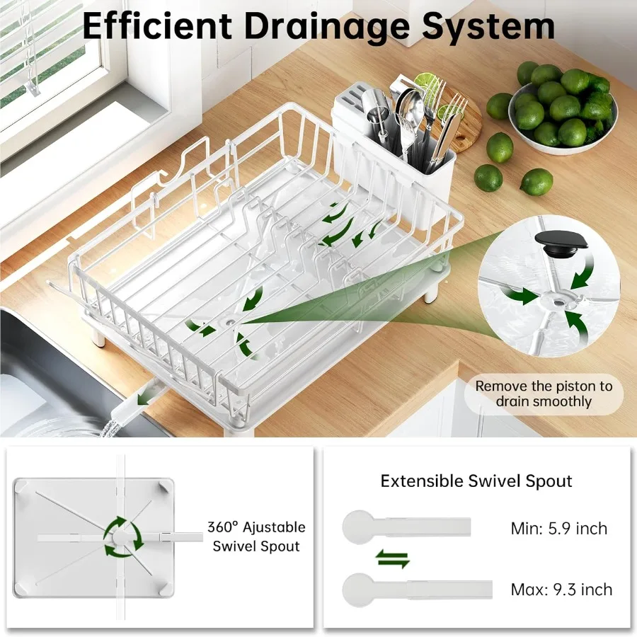Dish Drying Rack Dish Racks for Kitchen Counter Detachable Dish Drainer with Drainboard Utensil Holder Cup Holder Space Saving