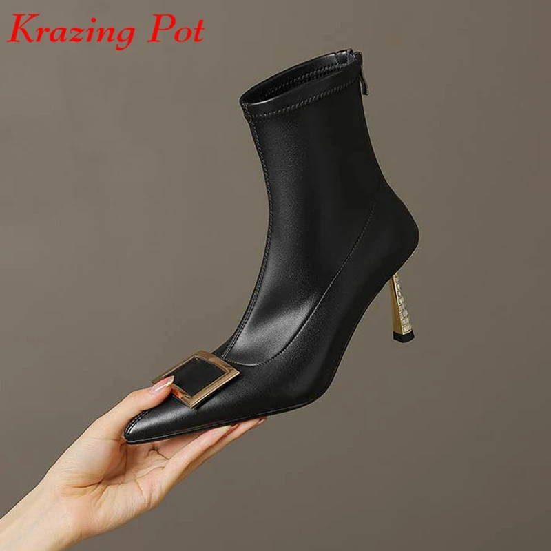 

Krazing Pot Microfiber Stiletto Thin High Heels Pointed Toe Winter Warm Stretch Boots Vintage Square Buckle Zipper Ankle Boots