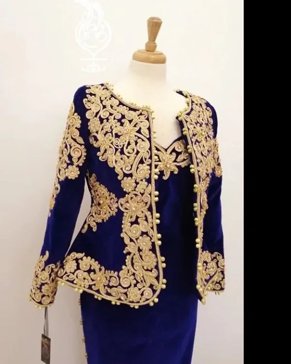 Royal Blue Velvet Prom Formal Dresses with Long Sleeve Jacket Customized Gold Lace Karakou Algerien Outfit Evening Occasion Gown 2