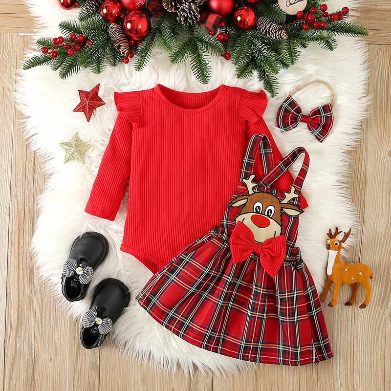 

New Born Baby Girl 0-18M Infant Toddler Long Sleeves Romper Bodysuit Overalls 3PCS Clothes Set Christmas New Year Costume