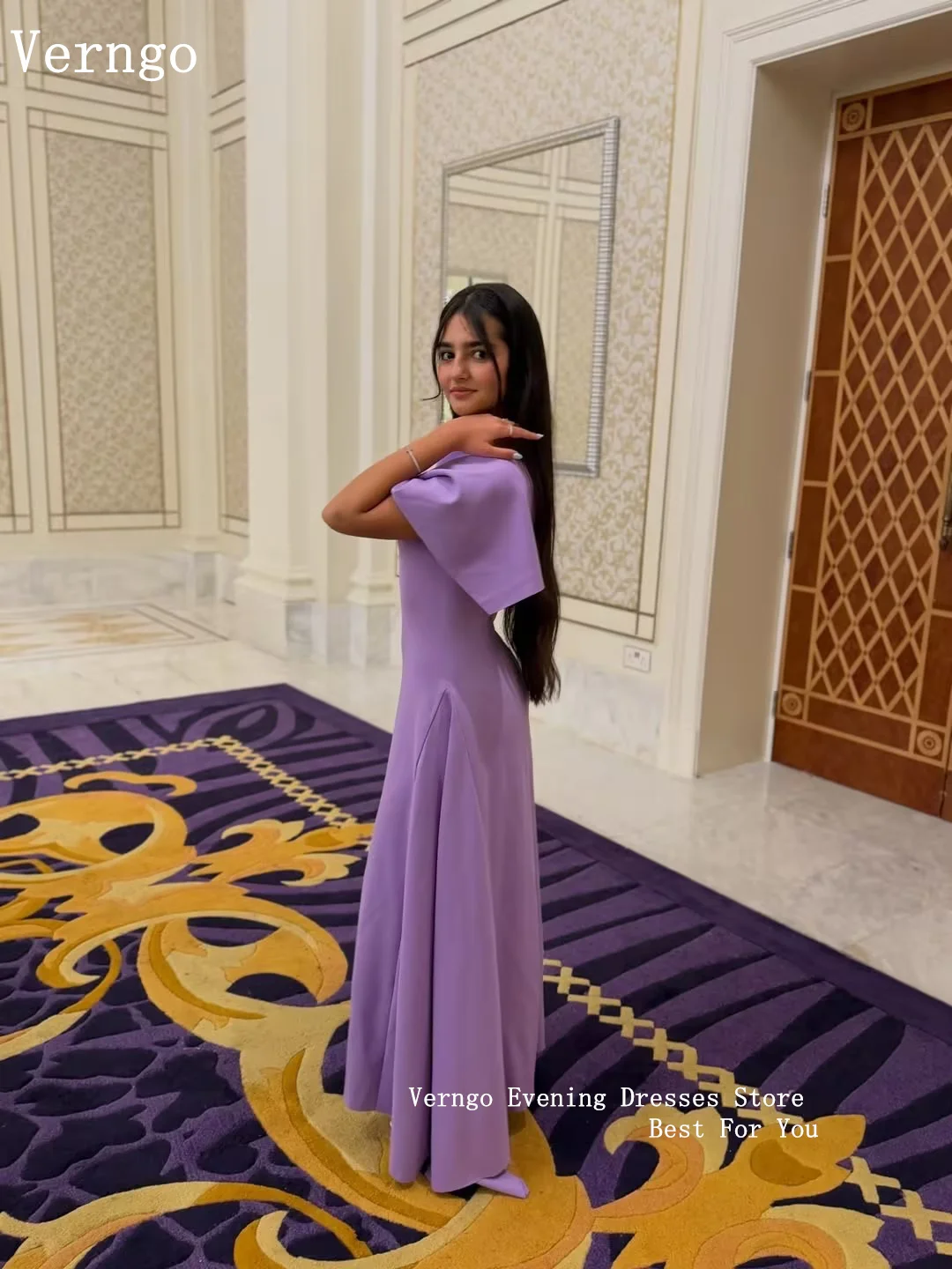 Verngo Lavender Crepe Evening Dress High Neck Short Sleeves Prom Gowns Modest Maxi Arabia Party Dresses Customized 3