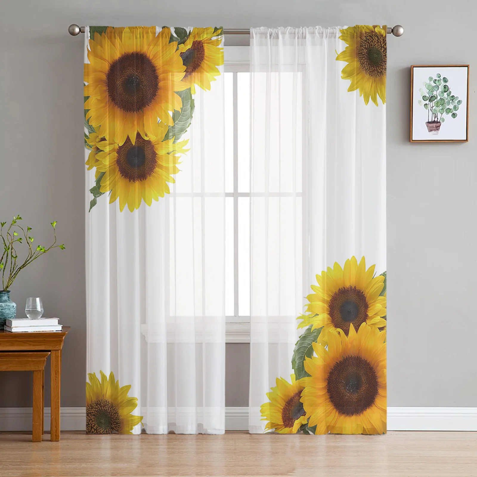 Sunflower Print Window Door Curtain Tulle Voile Curtains for Living Room Bedroom 