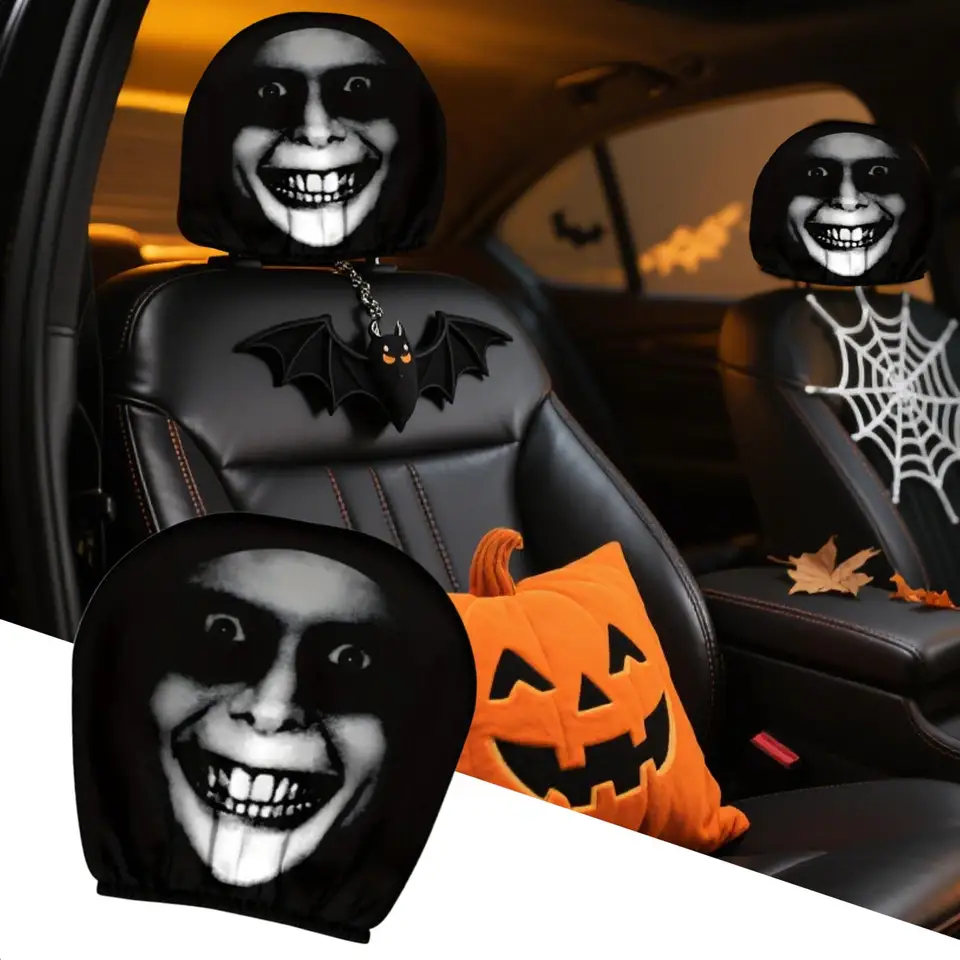 Housses Repose-tête Halloween Pour Voiture – 2 Pièces élastiques, Motifs Yeux Effrayants Ou Citrouille