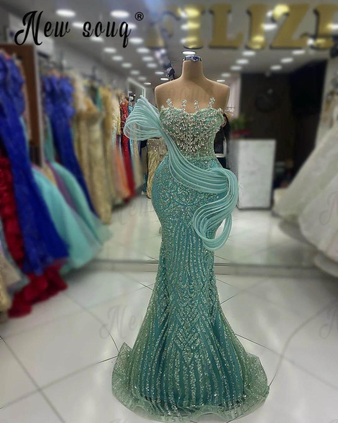 

Arabic Ruffles Off Shoulder Mermaid Evening Dress Mint Green Crystals Formal Occasion Dresses Vestido de Novia 2024 Wedding Gown