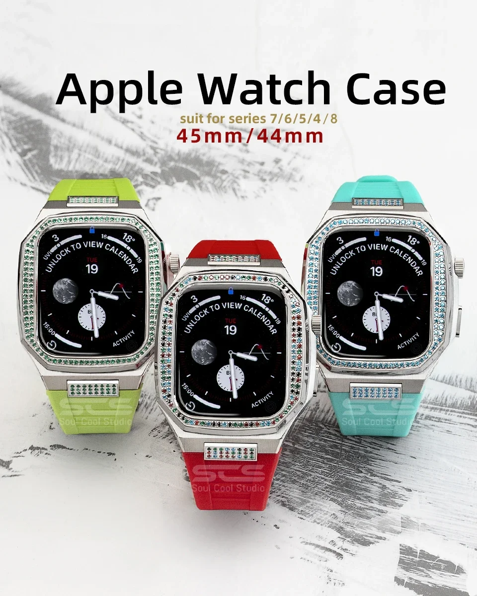Новинка Роскошные металлические аксессуары из нержавеющей стали для Apple Watch серии 8 комплект для модернизации резиновый ремешок для iWatch 7 6 5 4 SE 45 мм 44 мм