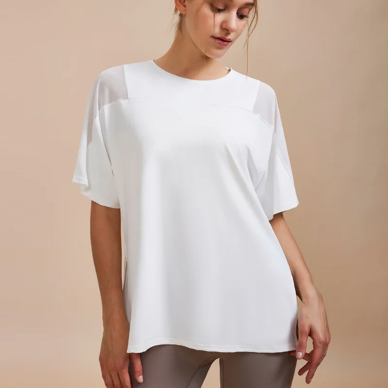 Breathable Loose Yoga Shorts T-shirts Women Gym Fitness Mesh Splicing Round Collar Tops Running Workout Quick Dry Shirts