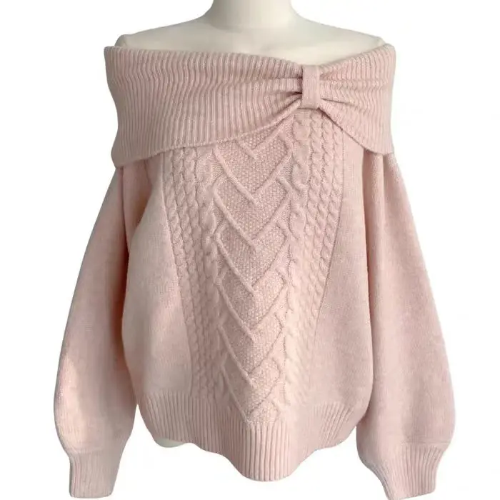 Women Elegant Sweet Off Shoulder Knit Sweater 2026 New Arrival Soft Cable Knit Long Sleeve Daily Casual Pullover