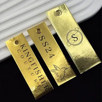 Etichette Personalizzate in Oro per Abbigliamento, Loghi in Rilievo, Etichette in Seta con Corde per Appendere, per Accessori d'Abbigliamento