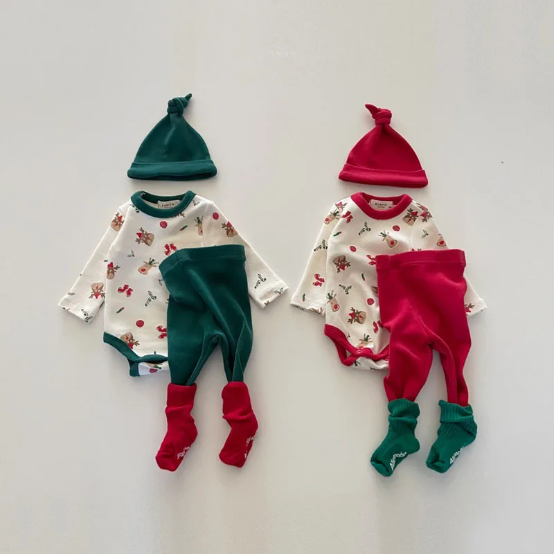 

Baby Christmas Outfit 2023 Autumn Winter Baby Girls Clothes Christmas Elk Print Bodysuit+Pants+Hat 3Pcs Cotton Boys Home Sets