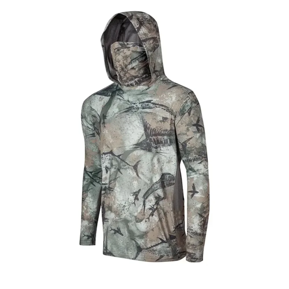 Camouflage Long-Sleeve Fishing Shirt with Hood and Mask - Quick-Dry Sun Protection Top