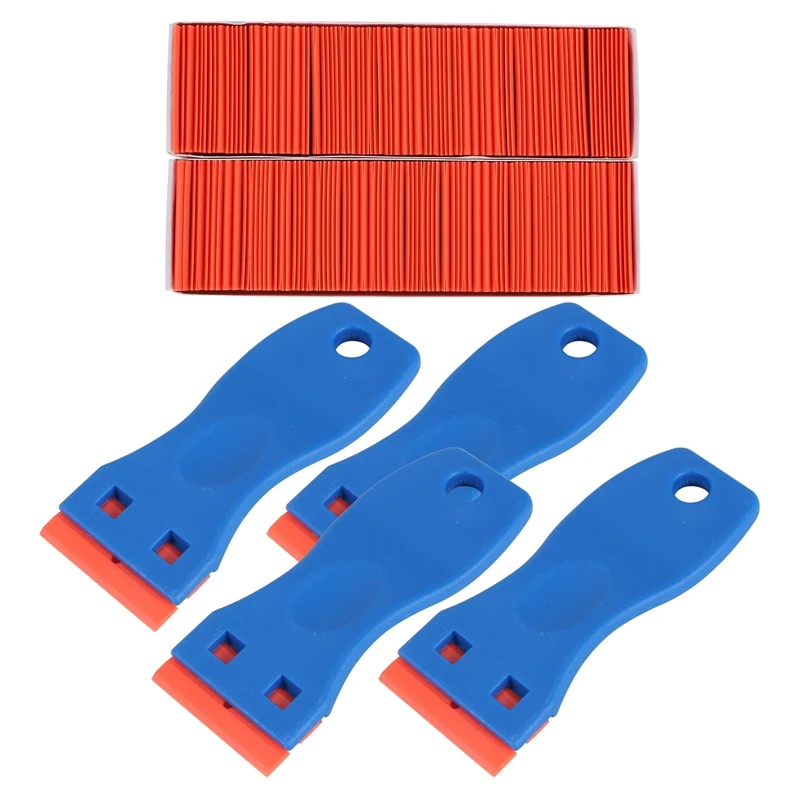 

New 4 Pcs Plastic Razor Blade Scraper And 200 Pcs Blades, Remove Label Decal Tool For Stickers, Gaskets And Paints On Window