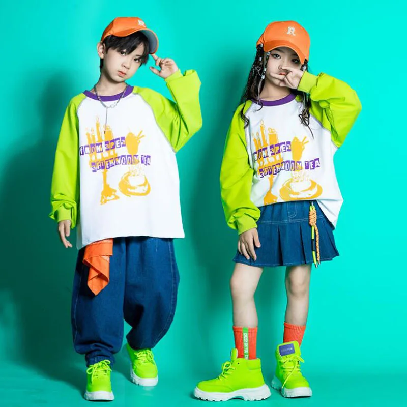 

Kids Teen Street Wear Hip Hop Clothing Green Shirt Tops Joggers Pants For Girl Boy Jazz Dance Costumes Cheerleaders Clothes