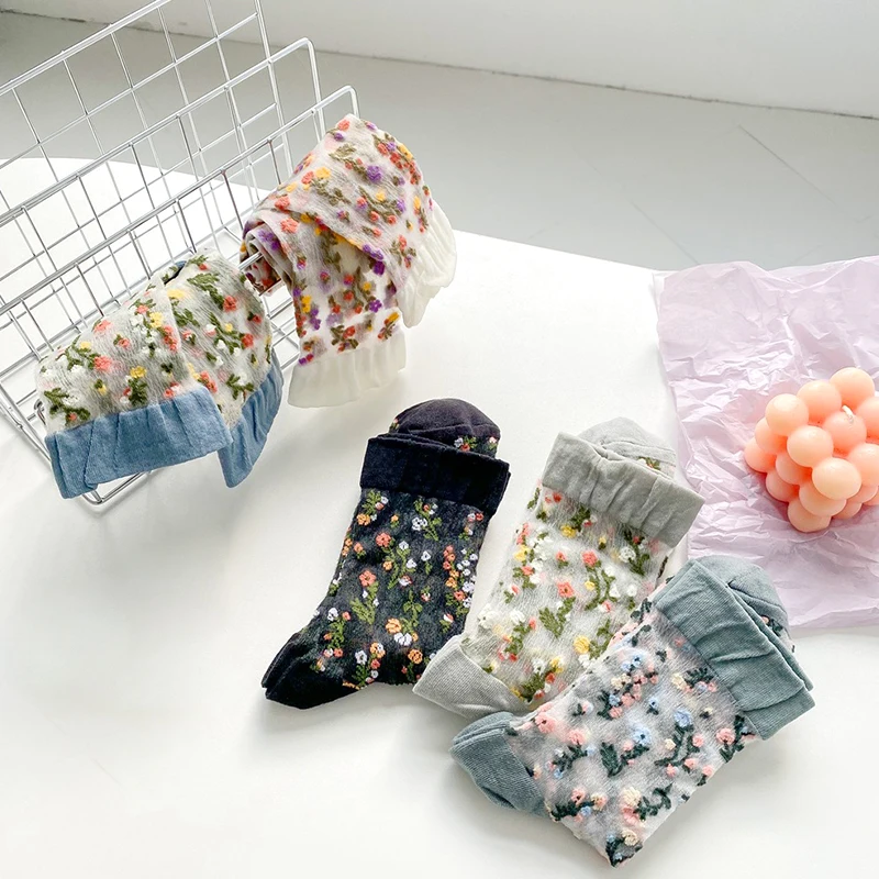 Fashion Sheer Mesh Glass Silk Socks Ultra-thin Transparent Crystal Lace Elastic Summer Ankle Harajuku Flower Women Girls Socks