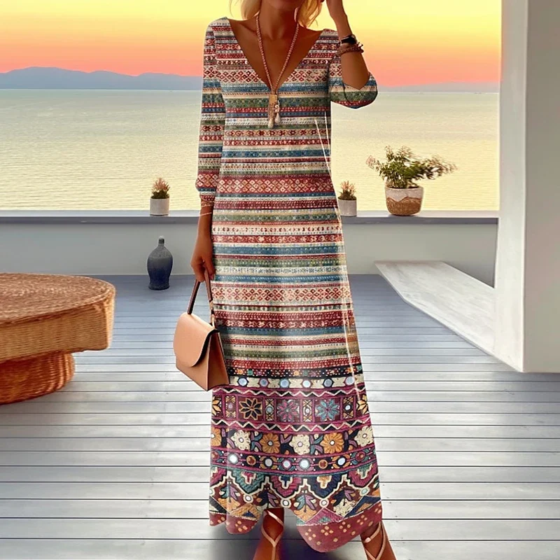 

Pattern Printed Long Dress Casual Holiday Ladies V Neck Loose Street Dress Spring Women Long Sleeve Pullover Dress 2024