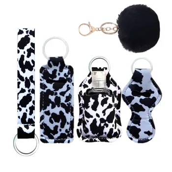 Black Leopard Travel Bottles Keychain Holder Set ,Travel Bottle Sleeves,Neoprene Chapstick Holders,Lanyard Keychain,Pompom,6PCS 1