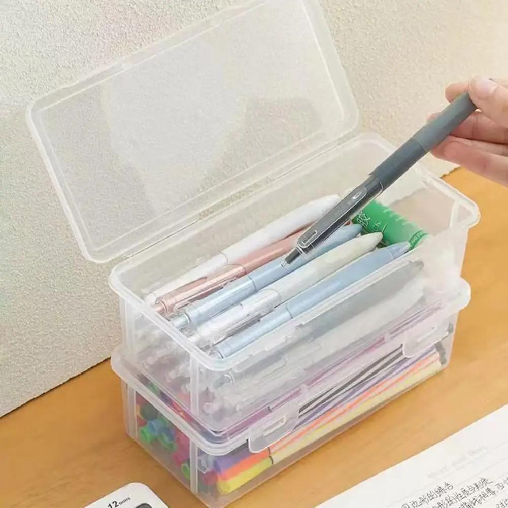 Stackable Pencil Storage Box Transparent Stationery Storage Box Pen Holder Simple Clear Student Desktop Snap-on Lid Pen Case pen holder,desktop storage box,stationery organizer,stationery storage box,pen pencil case