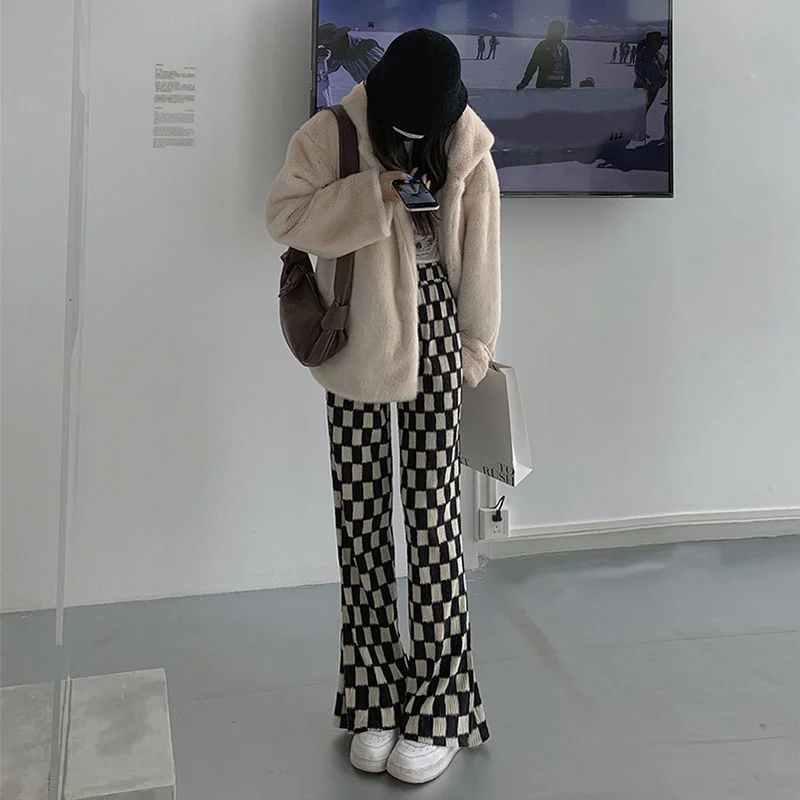 khaki pants Checkerboard Flares Leggings Pants Plaid Pants Wide Leg High Waist Women Summer Autumn Thickened Loose Korea Fashion Boot Pants track pants