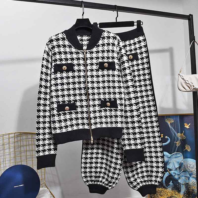 

Autumn Fashion Houndstooth Stand Collar Knitted Tracksuits Women Outfits Loose Casual Cardigan Sweater Lantern Pants Set Female