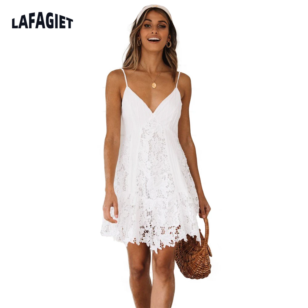 

Solid color fairy beach mini skirt V-neck lace stitching sexy suspender lace dress summer Sexy White Dress Lace Up Party Beach