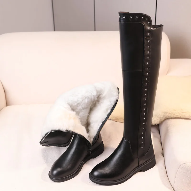 Over The Knee Boots Ladies Winter Wool Warm Genuine Leather Shiny