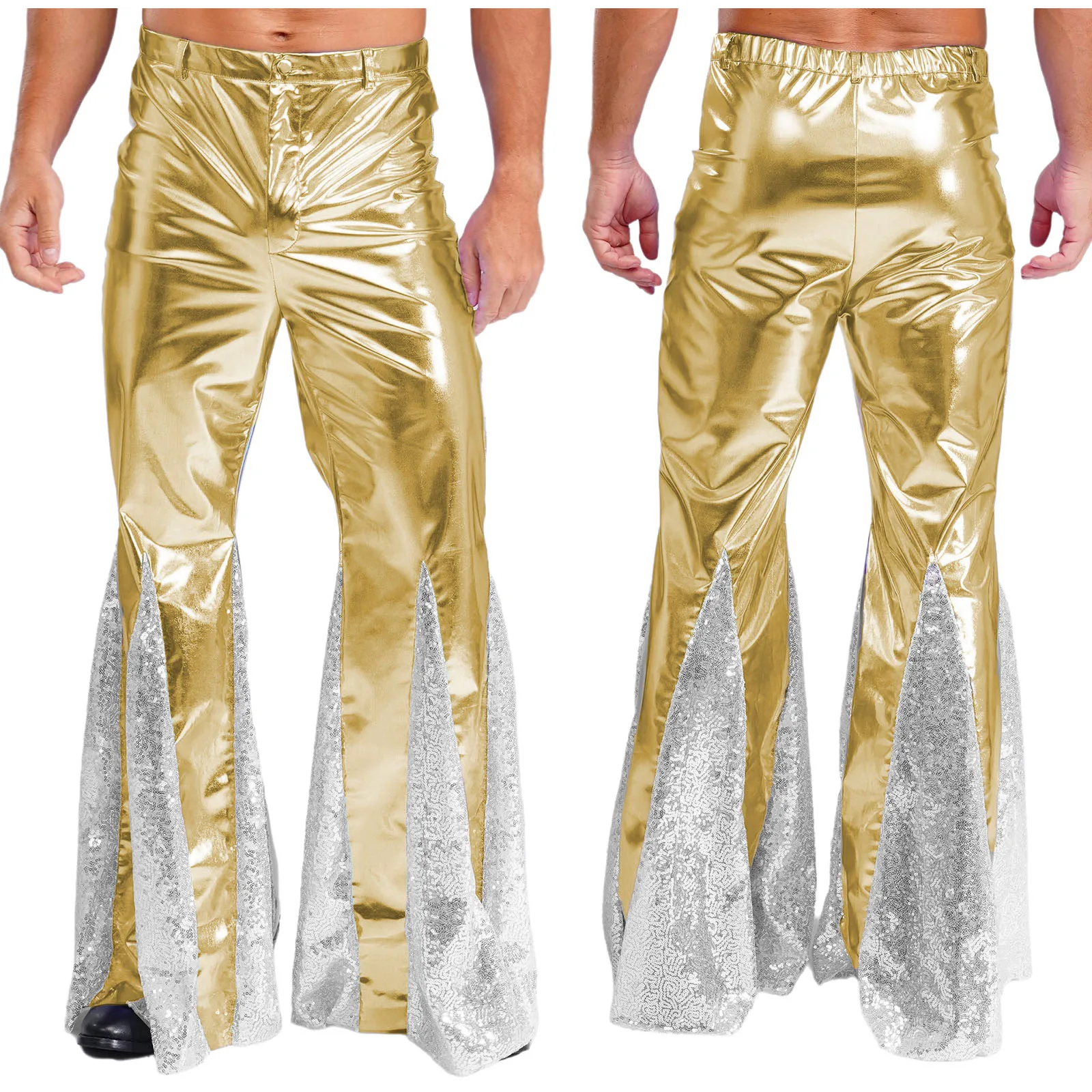 Pantaloni da discoteca da uomo metallizzati lucidi anni '70 Hippie Costume vintage da ballo con paillettes Pantaloni a campana Pantaloni svasati per spettacoli teatrali