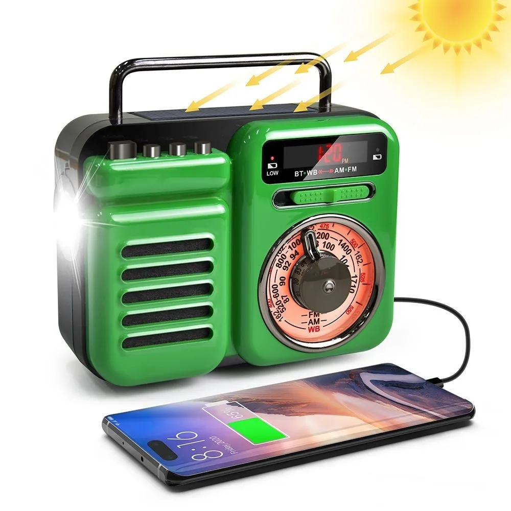 MD-096 Hand-Operated Solar Outdoor Radio Street Retro Style Bluetooth Speaker AM/FM/WB LED Lighting SOS Alarm